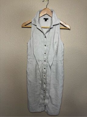 Ann Taylor Linen Blend Sleeveless Shirt Dress Collared Button Front Pockets